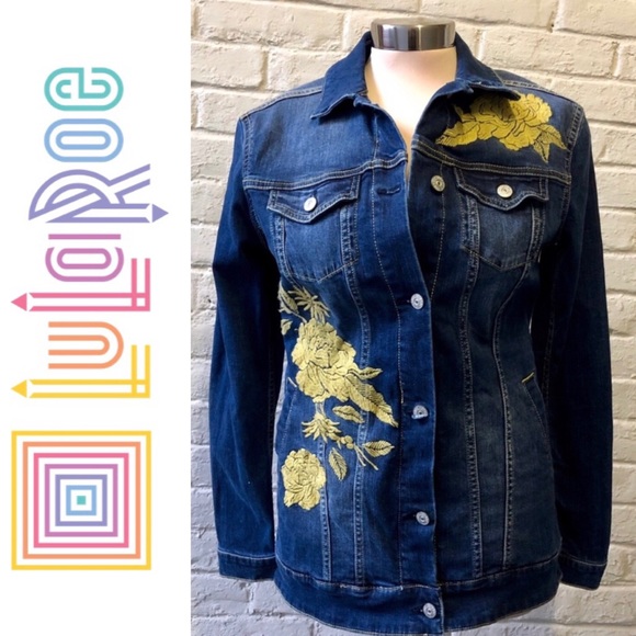 LulaRoe Jaxon gold roses blue denim jacket XS - Picture 3 of 7